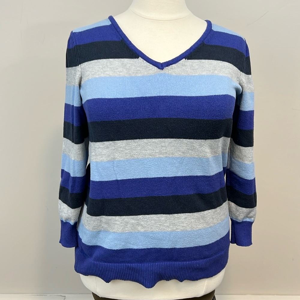 Lane Bryant V-Neck Pullover Knit Sweater‎ Purple Blue Grey Black Stripes 14/16